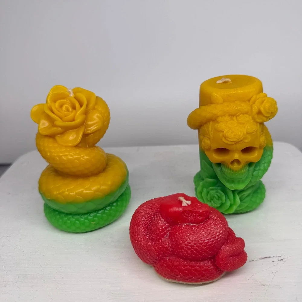 Soy Novelty Candle Set of 3 Bright Red Yellow Green Skull Snake Goth Art Odditiy